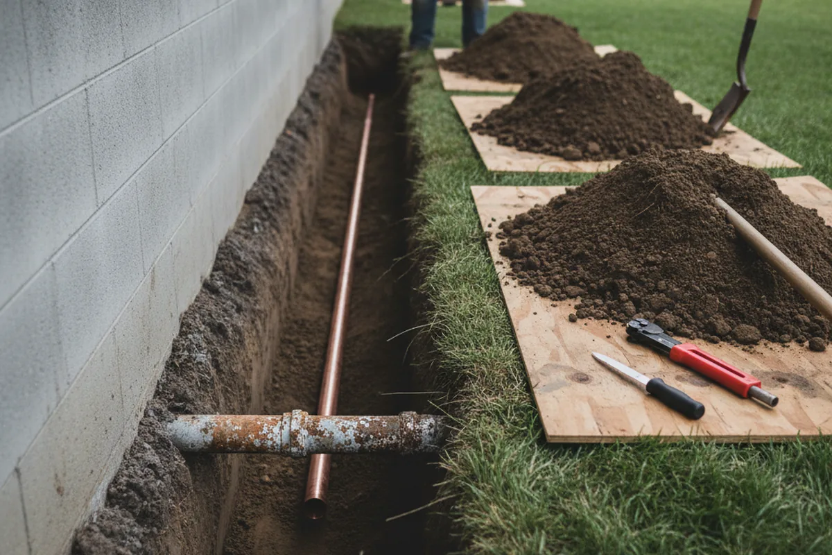 Excavated water line trench during Water Heater Repair in Idanha